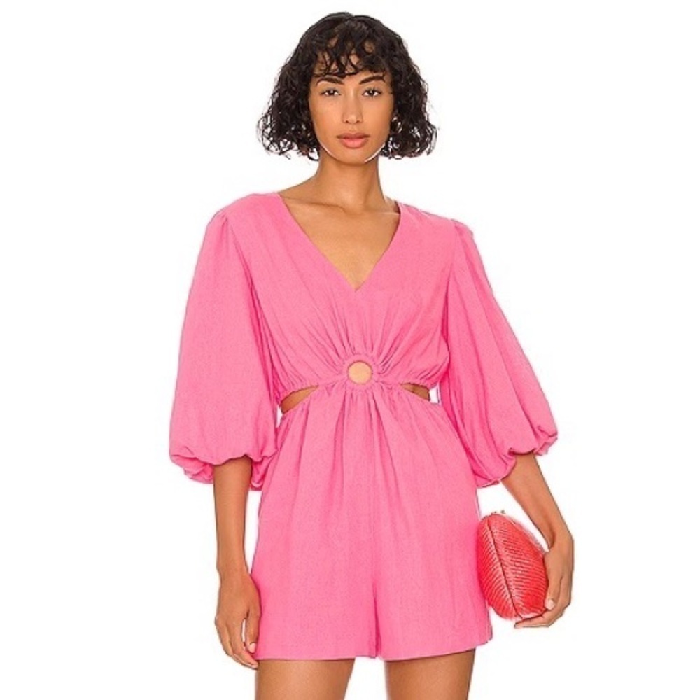 1. State Cutout Short Sleeve Linen Blend Romper in Juneberry Size S